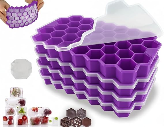 BIDFUL Ice Cube Trays for Freezer with Lid-37 Grid [4Pack] Purple Silicone Ice Cube Tray with Lid for Small Ice Cube Molds,Easy-Release Reusable Ice Cube in Ice Bucket for Iced Coffee Cup