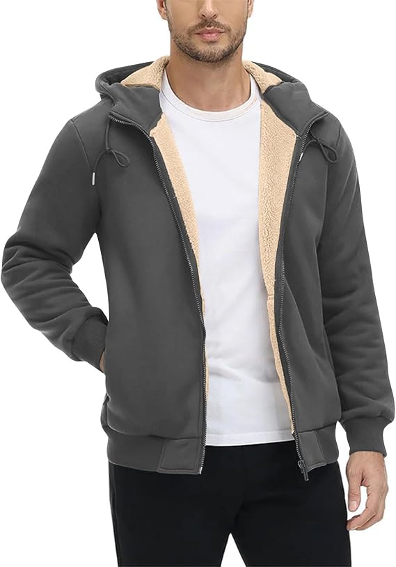 Fall Winter Coats for Mens Sherpa Fleece Lined Sweatshirt Jackets with Hood Pockets Zip Up Solid Color Outerwear