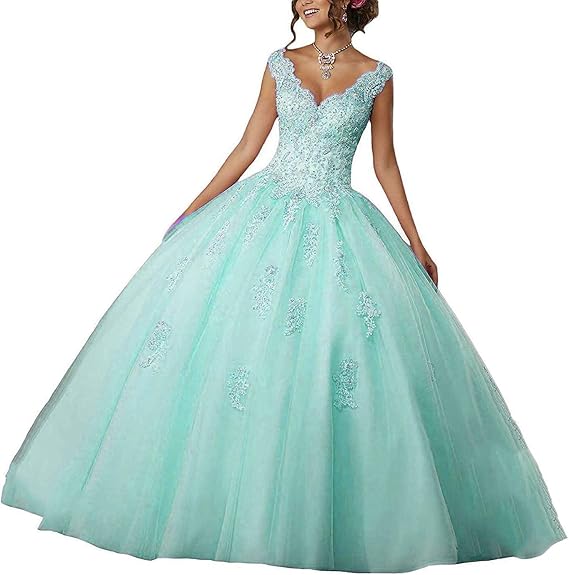 Natasha Girl's V-Neck Beading Lace Quinceanera Dresses Sweet 16 Appliques Prom Ball Gown 014