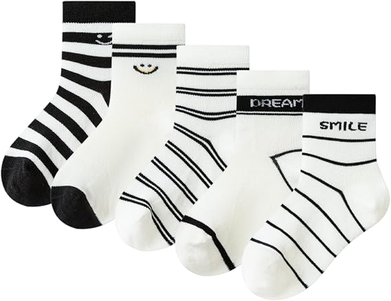 Balabala Boys Striped Socks, 5-Pack, Cotton, Casual, Comfortable, Soft | Boys, Kids, Striped, Running Socks, Cotton, Novelty, Casual, Comfy, Soft, Athletic, Crew Socks, 5 Pack, Breathable