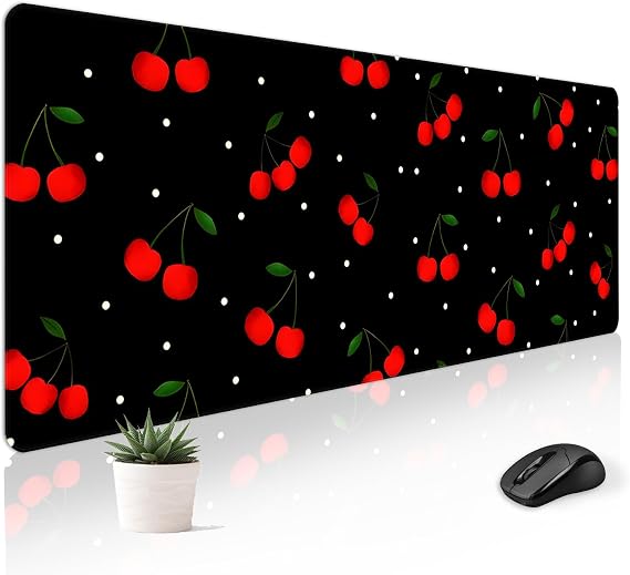 Cute Desk Mat for Keyboard Desktop Extra Large Mouse Pad, Cherry | Desk Top Computer Deskmat, XL, XXL, Long, Aesthetic, Modern Girly Design, for Women, Girls, 30"x12"