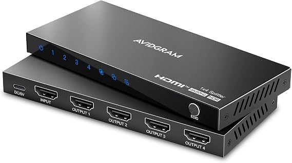 HDMI Splitter 1 in 4 Out 4K 60Hz 4:4:4, AVIDGRAM HDMI 4 Port Splitter with Copy, Downscaler, and Auto Mode for Four Identical Display Support 1080p 120Hz HDCP 2.2 HDR10 18Gbps 3D (Mirror Only)