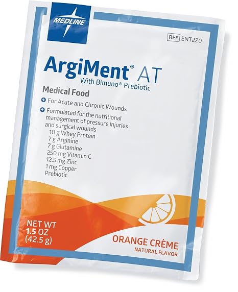 Medline ArgiMent AT Wound Healing Powder with Bimuno Prebiotic, Arginine, Glutamine, Vitamin C, Zinc, for Acute and Chronic Wounds, ENT220