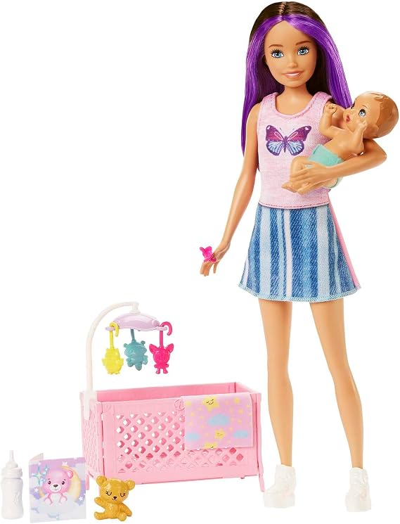 Barbie Skipper Babysitters Inc Crib Toy Playset with Skipper Doll, Baby Doll with Sleepy Eyes, Furniture & Accessories