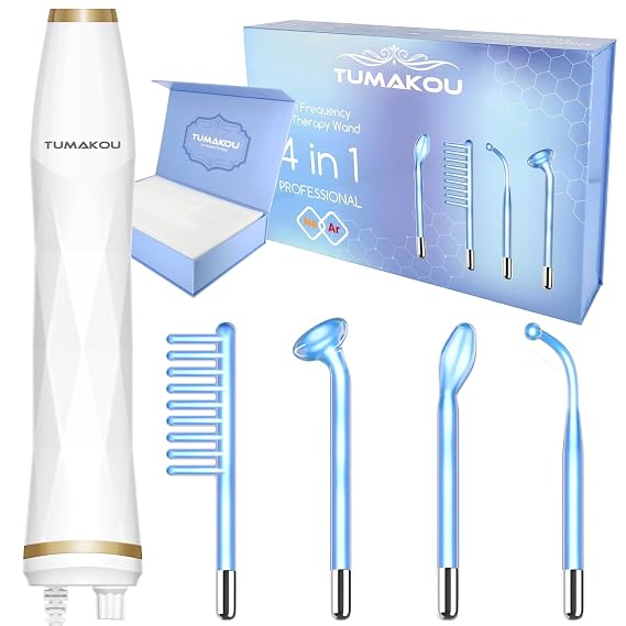High Frequency Facial Device - TUMAKOU Blue High Frequency Facial Wand | Portable High Frequency Machine with 4 Fusion Neon + Argon Wands