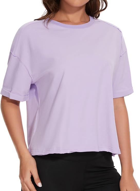 KAKALOT Women's Oversized Cropped Tops Short Sleeve Crewneck Workout Crop Tee Loose Fit Summer T-Shirts