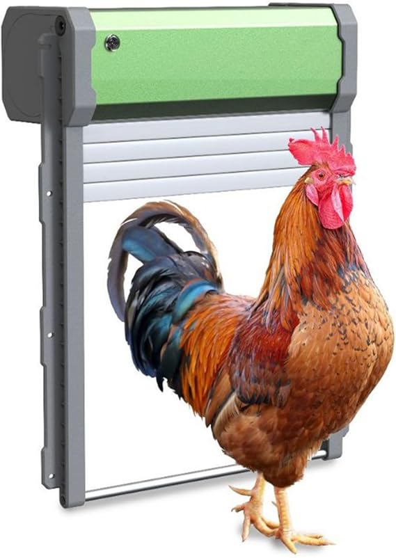 Automatic Chicken Coop Door with Solar Power, Light Sensor, Remote Control, Timer, and Weatherproof Roller Shutter for Farm and Home Use