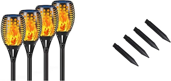 Solar Lights, 43" Flickering Flames Torch Lights Outdoor Waterproof Landscape Decoration Lighting 4-Pack + 4 PCs Plastic Spikes for Solar Flame Torch Lights Solar Torch Lights Replacement ABS Ground S
