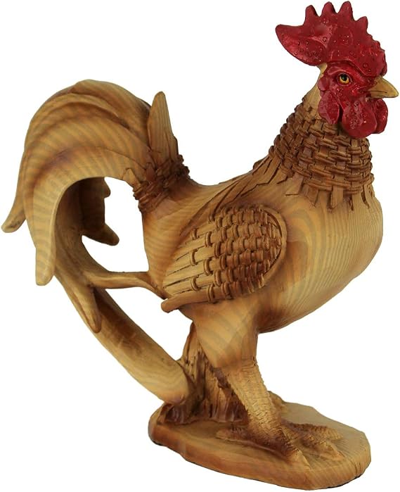 Everspring Faux Wood Carving Bamboo Look Standing Rooster Statue | 7 In. High, Cast Resin, Hand Painted Tan Finish, Intricately Sculpted Details, Farmhouse Home Decor