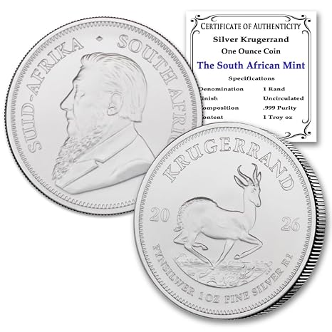 2026-1 oz South African Silver Krugerrand Coin 1 Rand Seller BU | Brilliant Uncirculated with Certificate of Authenticity