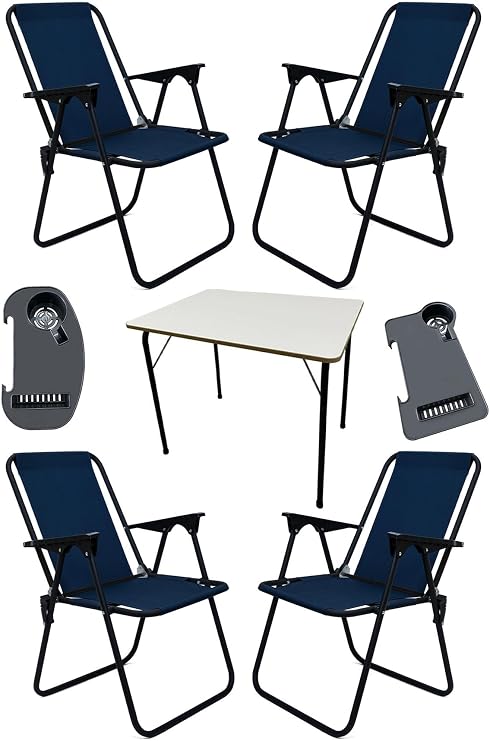 Litea 4 Adet Kamp Sandalyesi Katlanır Piknik Sandalye ve Bardaklık Lacivert + Katlanır Mdf Masa Lacivert, mnv_litea_4_mdf