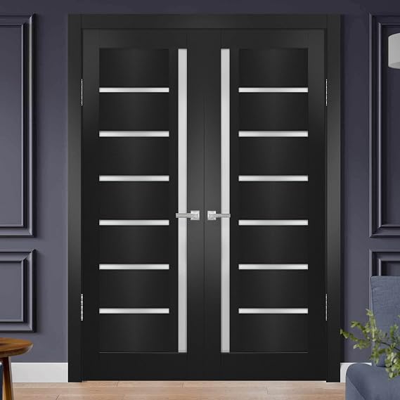 SARTODOORS Quadro 4088 Interior Doors 72 x 80 in, Black Matte Frosted Glass Solid French Double Door, Solid MDF Core, Frame and Satin Nickel Hardware Included
