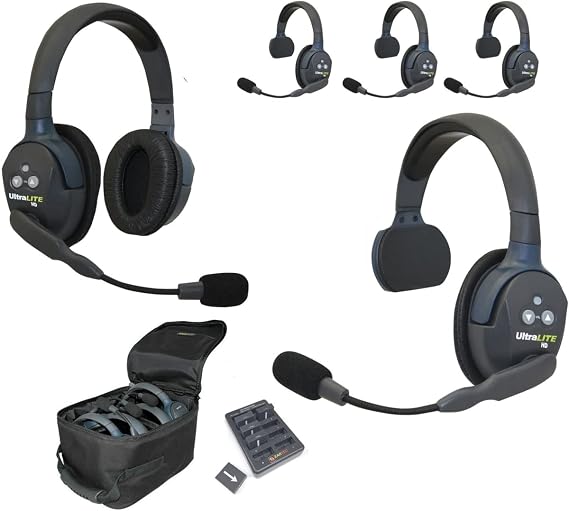 EARTEC UL541 5-Person Full Duplex Wireless Intercom with 4 Ultralite Single Ear Headsets and 1 Double Ear Headset