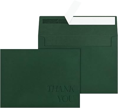 5x7 Envelopes for Invitations A7 Envelopes with Debossed Thank You Lettering FontDark Green, 100 Qty