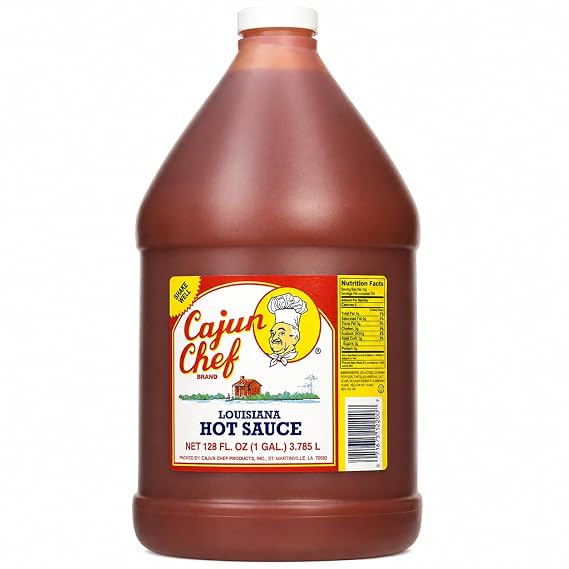 Cajun Chef Louisiana Hot Sauce, 1 Gallon (128 fl oz), Mild Cayenne | One 1 gallon (128 fl oz) jug of mild Cajun Chef Louisiana cayenne hot sauce for frequent cooking and service.