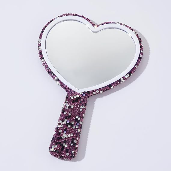 YUYTE Portable Rhinestone Handheld Mirror with Heart Shape Design, Sparkling Bling Cosmetic Makeup Mirror for Weddings, Travel, and Everyday Use