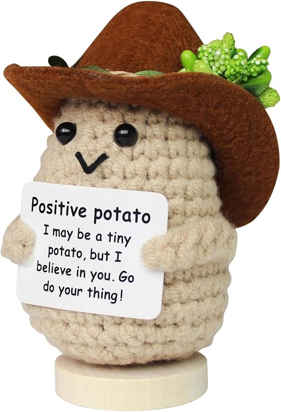 Mini Amusing Positive Crochet Potato with Stand, Cute Crochet Plush for Emotional Support, Christmas and Birthday Gifts Office Decor Cool Items
