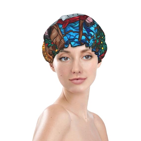 Bulldog Wearing A Santa Hat Stained Glass Prints Shower Cap Double Layer Lined Waterproof Bathing Shower Hat