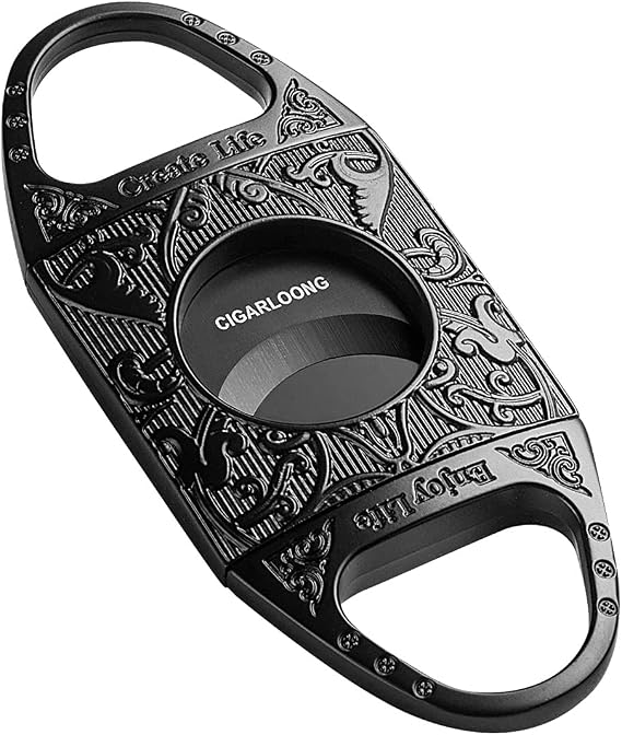 CIGARLOONG Cigar Cutter Black Engraved Stainless Steel Double Blades Cigar Guillotine