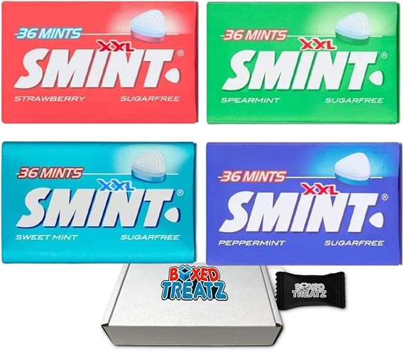 Smint Mix 4 Packs, 1Pcs Each (Strawberry, Spearmint, Peppermint, Sweetmint) Convenient 25g Tins Boxed Treatz