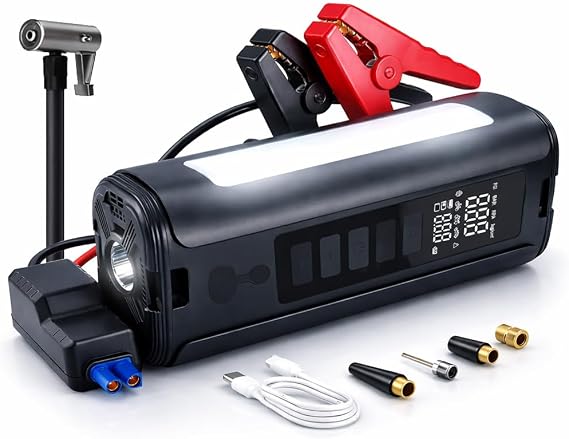 Battery Jumper Starter Portable (9.0L Gas/6.5L Diesel) with 150PSI Auto-Shutoff Air Compressor, 12V Lithium Car Jump Box