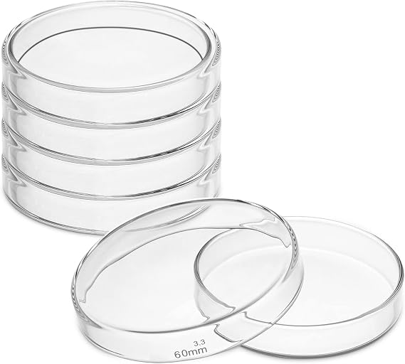 5-Pack 60 mm Borosilicate Glass Petri Dishes with Lids | 2.3 mm Thick, Optically Transparent, Autoclavable, Reusable, Heat-Resistant up to 180C