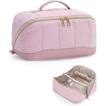 Travel Makeup Bag Large Quilted Cosmetic Organizer with Brush Compartments & Handle, Wide-Open Toiletry Bag for Women, Pink (Patent Pending)
