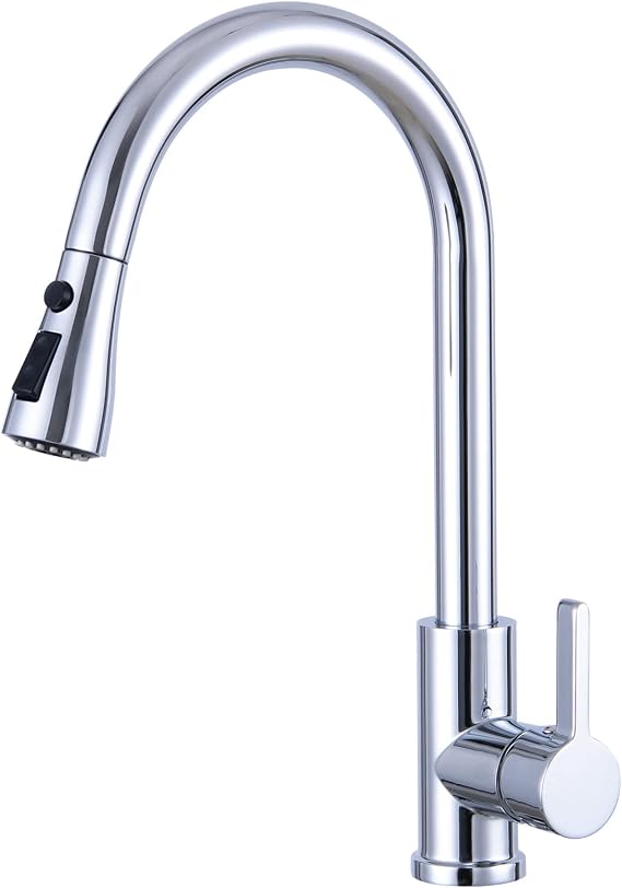 Stainless Steel Kitchen Sink Taps Mixer with Pull Out Spray, Swivel Single Handle High Arc Pull Down Faucet for UK Standard Fittings (Chrome)