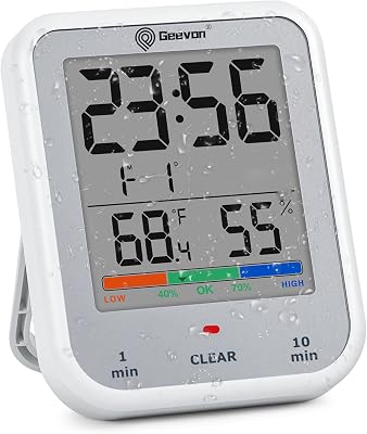 Geevon Digital Bathroom Clock, Waterproof Shower Timer with Large Touch Screen, Battery Operated Bathroom Wall Clock with Temperature & Humidity Display - Suction CupHanging HoleStand Silver