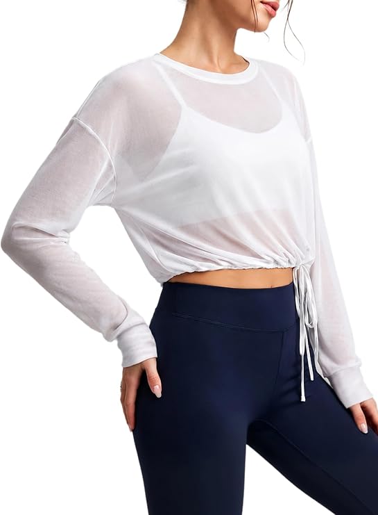 Hilinker Women's Mesh Long Sleeve Crop Tops Sheer Cover Up Drawstring Yoga Workout Shirt