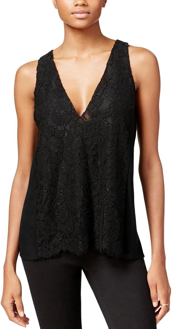 RACHEL Rachel Roy Womens Lace Overlay Double V Tank Top Black XS