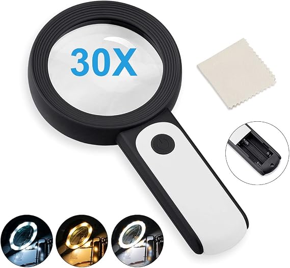 Nazano Magnifying Glass with 18 LED Lights, 30X Handheld Large Magnifying Glass with 3 Modes, Illuminated Magnifier Glass for Seniors Read, Coins, Stamps, Map, Inspection -with a Lens Cloth (Black)