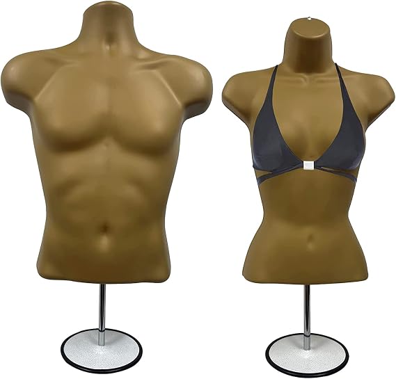 Male and Female Mannequin Torso with Metal Stand Hollow Back Body Stackable Dress Form for Tshirt Display, Countertop, Craft Shows, S-M Size Bronze, Set of 1