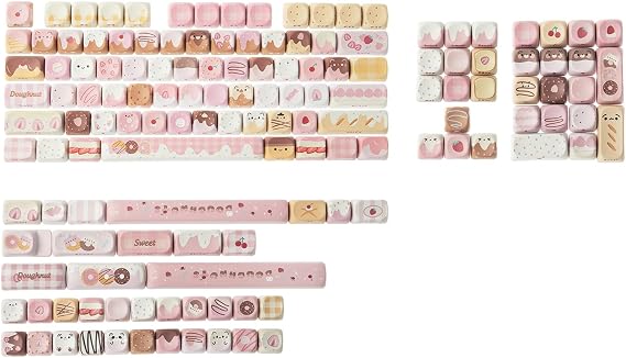 KiiBOOM Dough Fluff Keycap Set, 144/143 Keys, MOA/Cherry Profile PBT Keycaps for Mechanical Keyboard, Compatible with ANSI/ISO, 60%, 65%, 75%, TKL, Full-Sized Layout (Pink & Brown, MOA Profile)