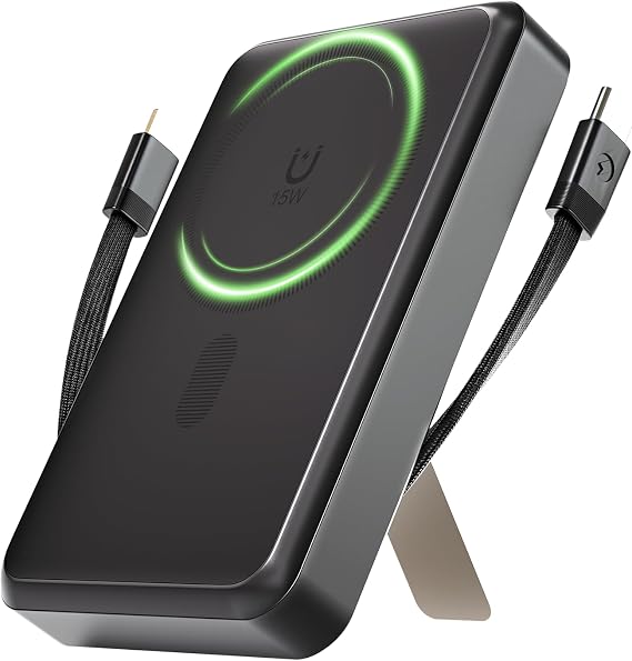 Magnetic Power Bank 10000mAh for Samsung & Android, 4-in-1 Portable Charger with Built-in Type-C/Lightning Cables and Foldable Stand, 15W Fast
