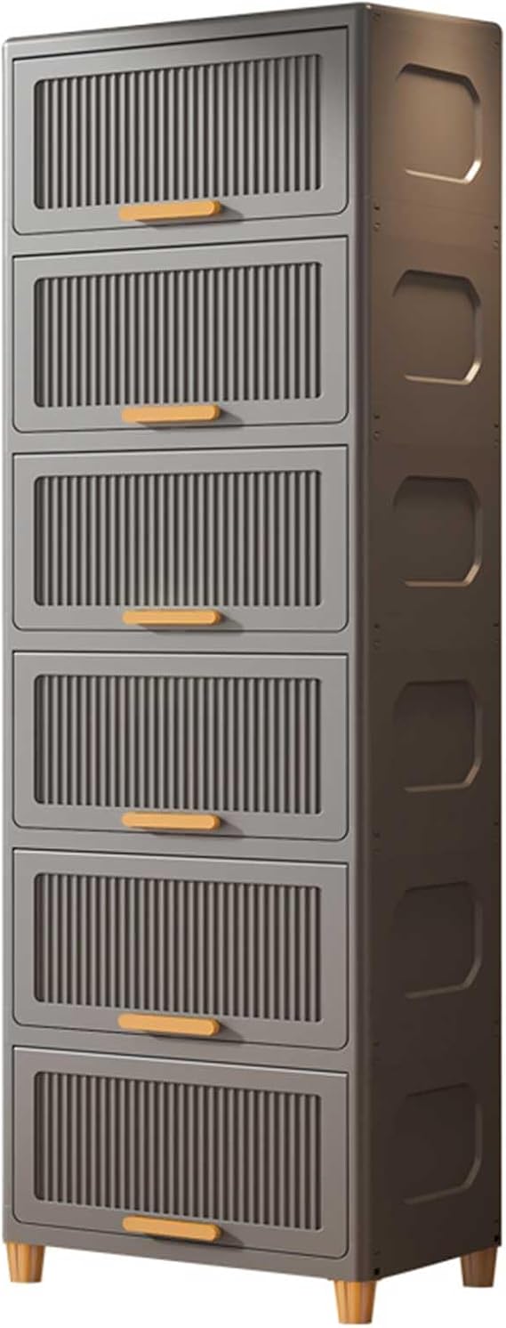 Plastic Storage Boxes with Lid - 30L*6 Stackable Storage Boxes Foldable Plastic Drawers Collapsible Baskets Containers for Living Room Bedroom Organisation (6 Tier Grey)