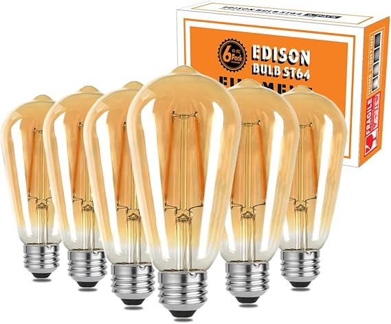 LUXON Dimmable LED Edison Bulbs, 8W Vintage Light Bulbs,Warm 2700K(Amber Glass),ST64/ST21 Antique LED Filament Light Bulbs,80W Incandescent Equivalent E26 Base(6-Pack)
