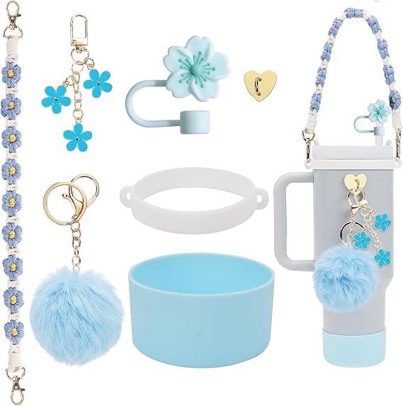 Stanley Cup Accessories Set, 7PCS Stanley Cup Decor Includes Stanley Straw Cover, Water Bottle Handle Strap, Silicone Stanley Cup Boot, Stanley Charms for Stanley Cup 40oz & 30 oz Tumbler (Blue)