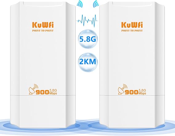 KuWFi Point to Point Wireless Bridge Outdoor, 5.8GHz 2KM, 2-Pack for Barns