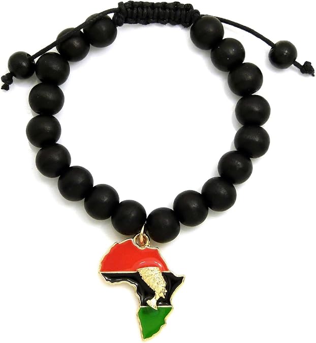 CBC Crown Pan African Colored Africa Map Continent Charm with Egyptian Symbols Adjustable Wooden Bead Bracelet