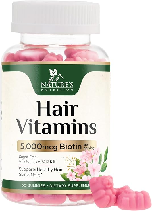 Hair Vitamins Gummies with Biotin 5000 mcg Per Serving - Extra Strength Hair Growth Support Vitamin E & C - Stronger Radiant Hair, Skin & Nails Supplement - Hair Growth Support Gummy - 60 Gummies