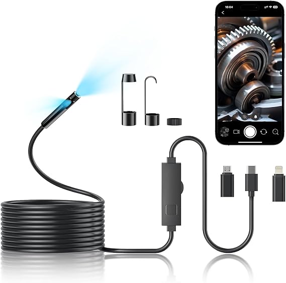Dual-Lens Endoscope Camera with Light, 1920P HD Inspection Camera for Automotive & Home, IP67 Waterproof Borescope with Semi-Rigid Cable, Detects Pipe Clogs, Engine Issues -5M for iPhone Android