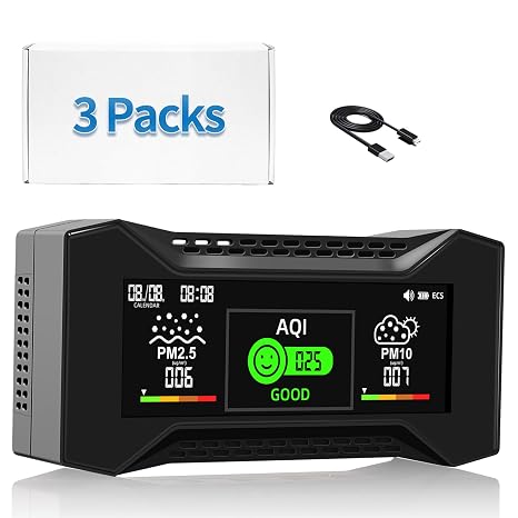 3 Packs 8-in-1 Air Quality Monitor Indoor, CF-20 Portable Air Quality Tester CO2 Monitor (PM2.5, PM10, CO2, VOC, Formaldehyde, Humidity, Temp) 2600mAh Long-Lasting Battery Sleep-Friendly Display