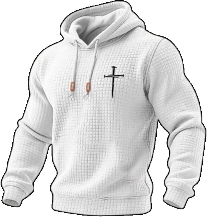 Men's Retro Casual Faith Cross Art Print Crew Neck Waffle Sweatshirt Hoodie