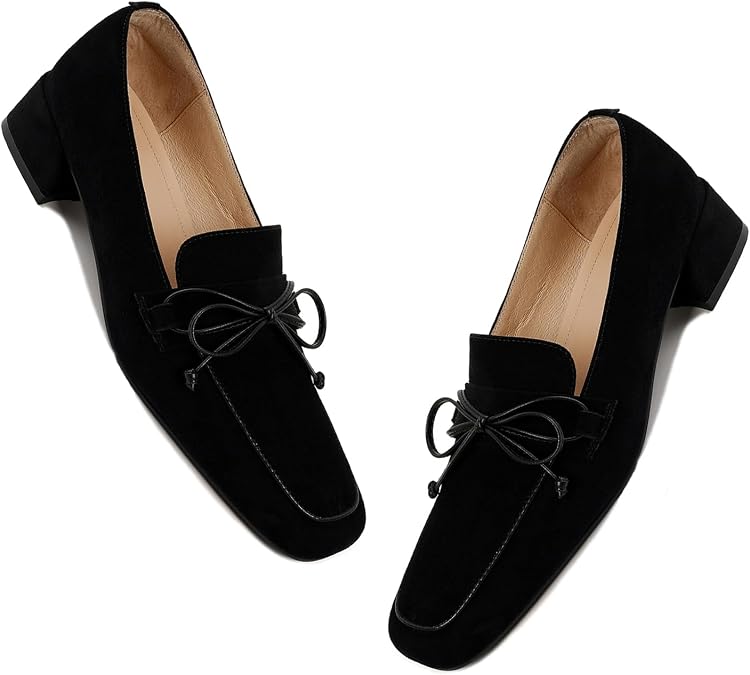 MOOMMO Women Chunky Low Heel Loafers Bow Suede Slip On Closed Square Toe Loafer Shoes Oxfords Comfy 1" Block Heels Dress Shoes Pumps Office Work Pumps Retro Casual Cute Black 7.5 M US