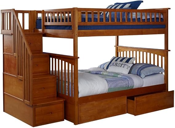 AFI Columbia Staircase Bunk Bed with 2 Raised Panel Bed Drawers, Full Over Full, Caramel Latte