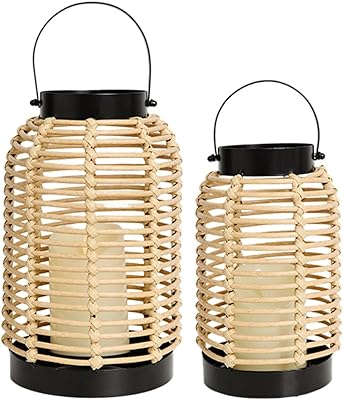 14in Lanterns Decorative for Home Decor- Decorative Candle Lanterns w LED Candles- Boho Rattan Woven Hanging Black Lanterns Decor for Indoor, Outdoor, Patio & Porch, Tabletop, Fireplace & Mantle