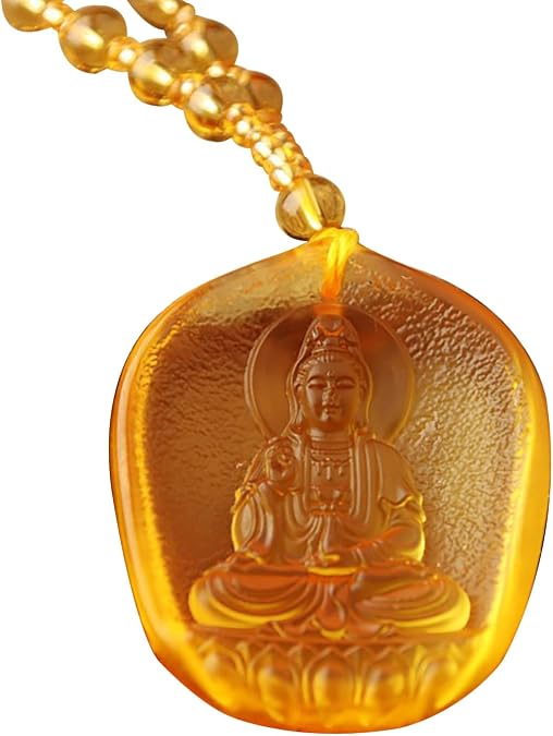Crystal Quan Yin Goddess of Compassion Mercy Yellow Lotus Kuan Yin Pendant Necklace Guan Yin Amulet Kwan Yin Avalokitesvara for Health Wealth