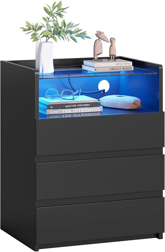 AOGLLATI Bedside Table with Charging Station,Bedside Cabinet with LED Lights |Visible Glass Top |3 Drawers and 1 Compartment |2 AC and 2 USB Ports Side Table for Living Room and Bedroom (1, Black)