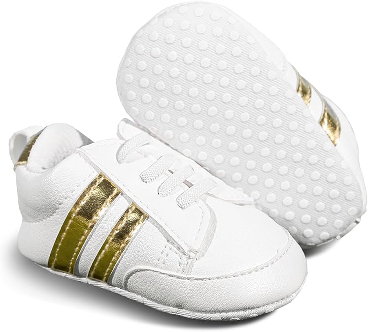 ISINSER Unisex Baby Premium PU Leather Sneaker Soft Non-Slip Sole Toddler Newborn Stripe Crib House Shoes
